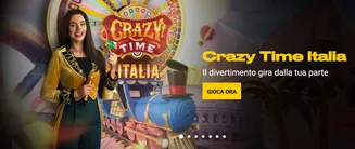 Crazy Time Italia su BWIN – Vivi il gioco più divertente in versione italiana Presentatrice di Crazy Time Italia accanto alla ruota del gioco con il messaggio “Il divertimento gira dalla tua parte”